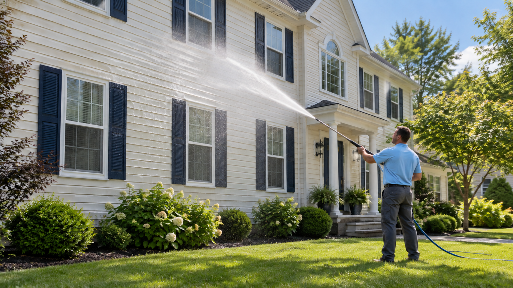 Professional washing the siding of a two-story home with a spray wand